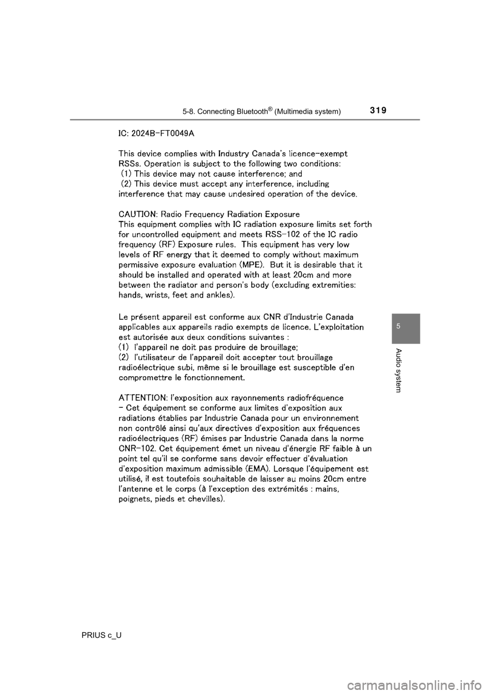 TOYOTA PRIUS C 2020  Owners Manual 3195-8. Connecting Bluetooth® (Multimedia system)
5
Audio system
PRIUS c_U 