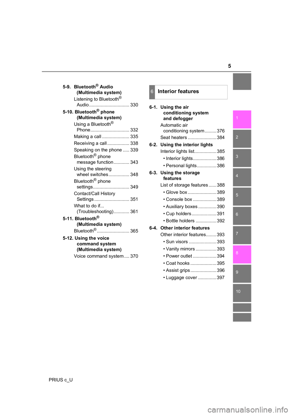 TOYOTA PRIUS C 2020  Owners Manual 5
1
9 8 6 5
4
3
2
PRIUS c_U
10
7
5-9.  Bluetooth® Audio 
(Multimedia system)
Listening to Bluetooth
® 
Audio ............................... 330
5-10. Bluetooth
® phone 
(Multimedia system)
Using a