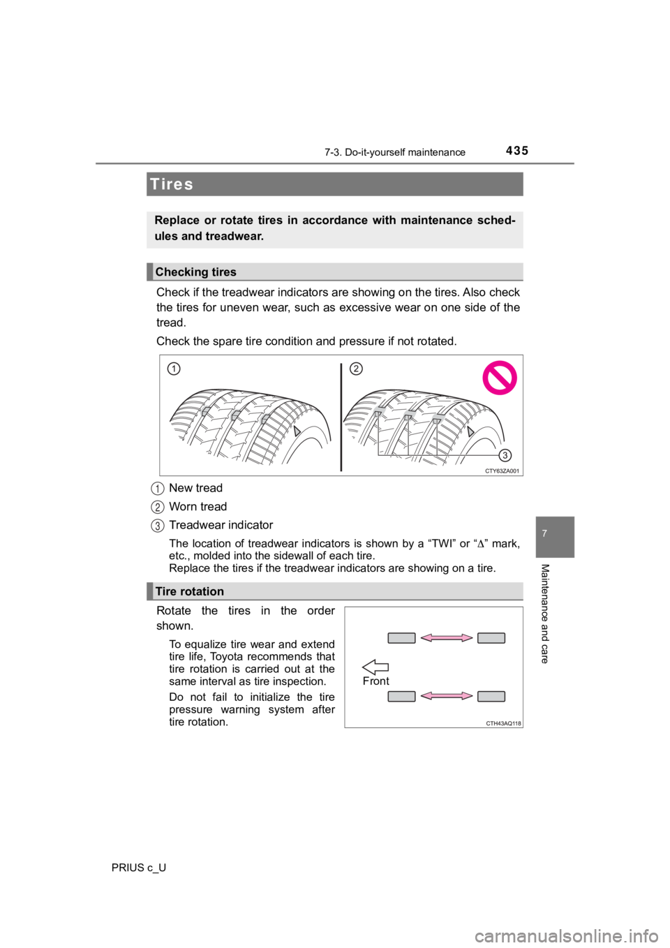 TOYOTA PRIUS C 2020 Owners Manual 4357-3. Do-it-yourself maintenance
7
Maintenance and care
PRIUS c_U
Check if the treadwear indicators are showing on the tires. Also check
the tires for uneven wear, such as excessive wear on one side TOYOTA PRIUS C 2020 Owners Manual 4357-3. Do-it-yourself maintenance
7
Maintenance and care
PRIUS c_U
Check if the treadwear indicators are showing on the tires. Also check
the tires for uneven wear, such as excessive wear on one side