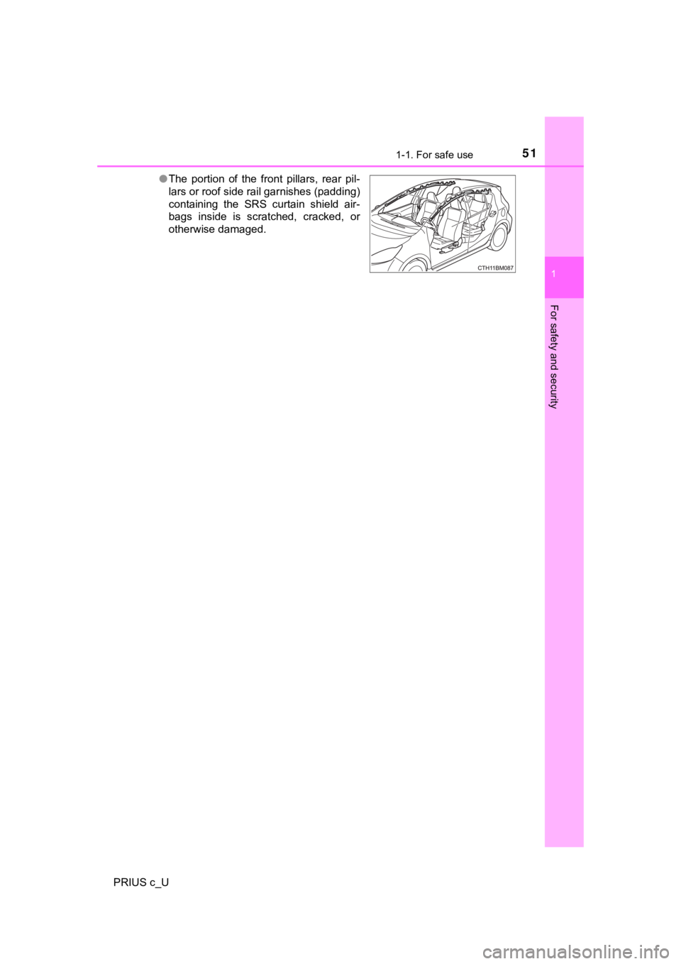 TOYOTA PRIUS C 2020 Workshop Manual 511-1. For safe use
1
For safety and security
PRIUS c_U●
The portion of the front pillars, rear pil-
lars or roof side rail garnishes (padding)
containing the SRS curtain shield air-
bag TOYOTA PRIUS C 2020 Workshop Manual 511-1. For safe use
1
For safety and security
PRIUS c_U●
The portion of the front pillars, rear pil-
lars or roof side rail garnishes (padding)
containing the SRS curtain shield air-
bag