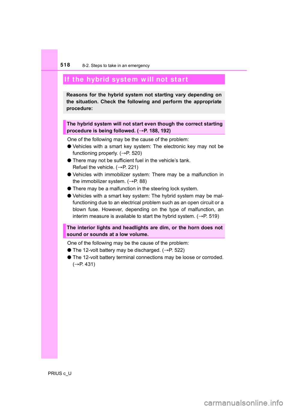 TOYOTA PRIUS C 2020 Owners Manual 5188-2. Steps to take in an emergency
PRIUS c_U
One of the following may be the cause of the problem:
● Vehicles with a smart key system: The electronic key may not be
functioning properl TOYOTA PRIUS C 2020 Owners Manual 5188-2. Steps to take in an emergency
PRIUS c_U
One of the following may be the cause of the problem:
● Vehicles with a smart key system: The electronic key may not be
functioning properl