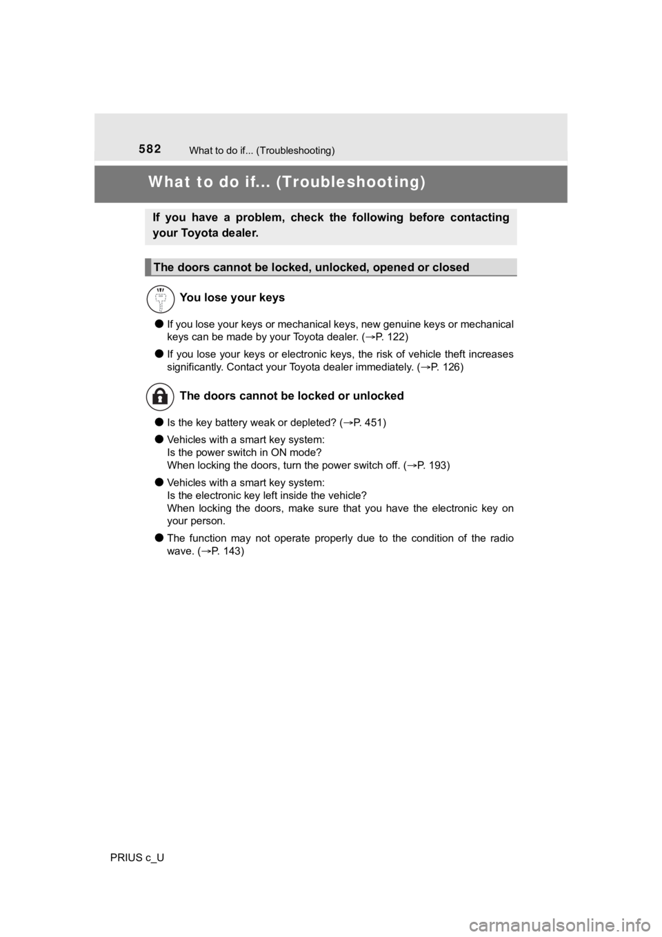 TOYOTA PRIUS C 2020 Owners Manual 582
PRIUS c_U
What to do if... (Troubleshooting)
What to do if... (Troubleshooting)
●If you lose your keys or mechanical keys, new genuine keys or mechanical
keys can be made by your Toyota dealer. TOYOTA PRIUS C 2020 Owners Manual 582
PRIUS c_U
What to do if... (Troubleshooting)
What to do if... (Troubleshooting)
●If you lose your keys or mechanical keys, new genuine keys or mechanical
keys can be made by your Toyota dealer.