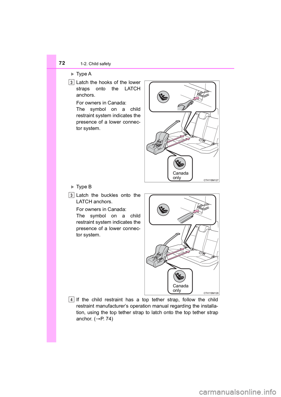 TOYOTA PRIUS C 2020 Manual PDF 721-2. Child safety
PRIUS c_U
Ty p e A
Latch the hooks of the lower
straps onto the LATCH
anchors.
For owners in Canada:
The symbol on a child
restraint system indicates the
presence TOYOTA PRIUS C 2020 Manual PDF 721-2. Child safety
PRIUS c_U
Ty p e A
Latch the hooks of the lower
straps onto the LATCH
anchors.
For owners in Canada:
The symbol on a child
restraint system indicates the
presence