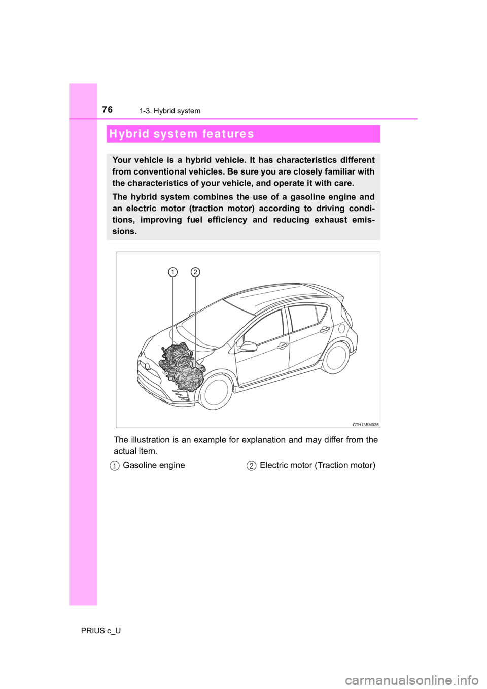 TOYOTA PRIUS C 2020 Manual PDF 76
PRIUS c_U
1-3. Hybrid system
The illustration is an example for explanation and may differ from the
actual item.
Hybrid system features
Your vehicle is a hybrid vehicle. It has characterist TOYOTA PRIUS C 2020 Manual PDF 76
PRIUS c_U
1-3. Hybrid system
The illustration is an example for explanation and may differ from the
actual item.
Hybrid system features
Your vehicle is a hybrid vehicle. It has characterist