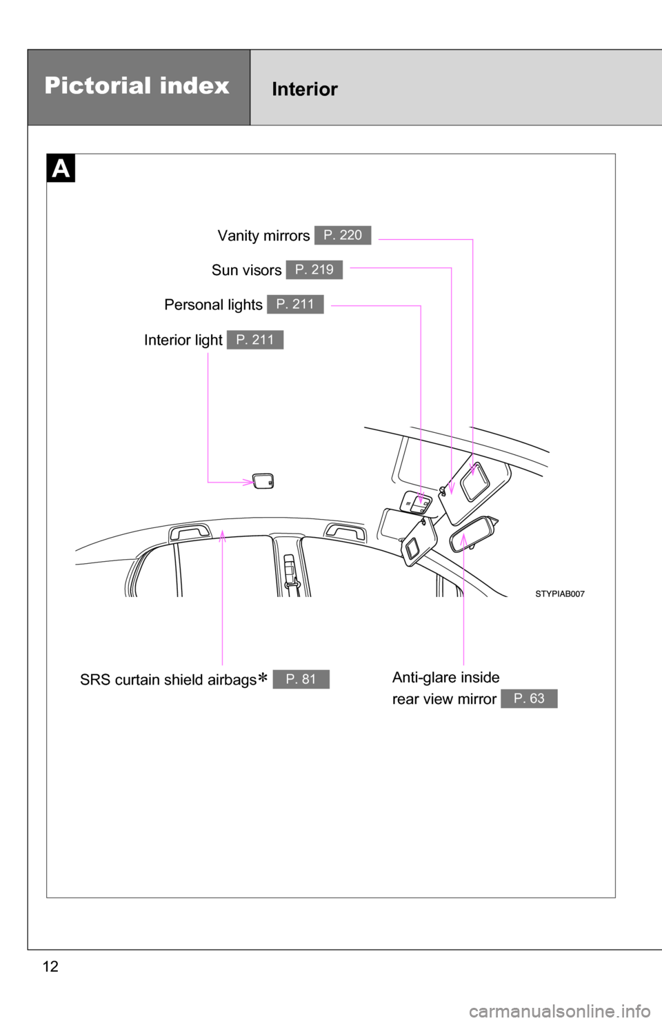 TOYOTA YARIS 2009 2.G Owners Manual 12
Pictorial indexInterior
Anti-glare inside 
rear view mirror 
P. 63
Interior light P. 211
Vanity mirrors P. 220
Personal lights P. 211
Sun visors P. 219
SRS curtain shield airbags P. 81 