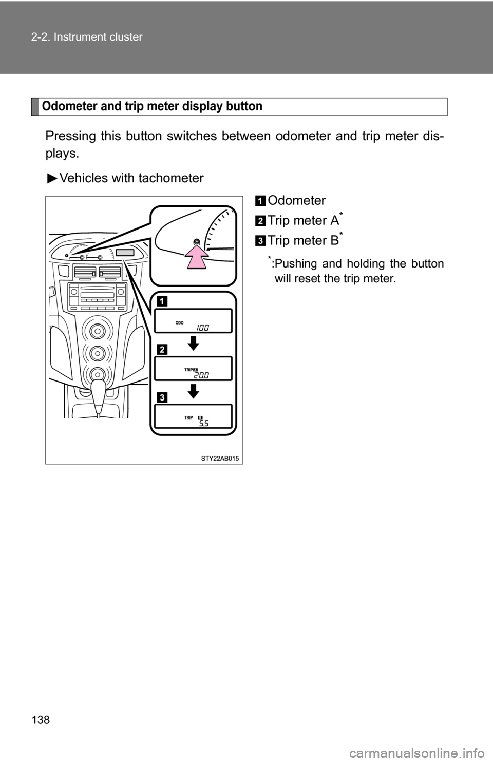 TOYOTA YARIS 2009 2.G Owners Manual 138 2-2. Instrument cluster
Odometer and trip meter display button
Pressing this button switches between odometer and trip meter dis-
plays.
Vehicles with tachometer Odometer
Trip meter A
*
Trip mete TOYOTA YARIS 2009 2.G Owners Manual 138 2-2. Instrument cluster
Odometer and trip meter display button
Pressing this button switches between odometer and trip meter dis-
plays.
Vehicles with tachometer Odometer
Trip meter A
*
Trip mete