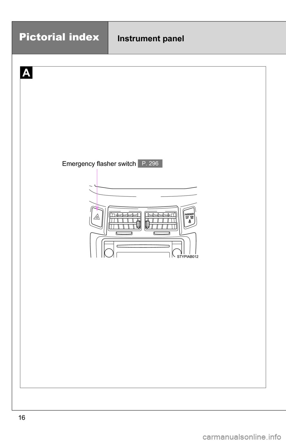 TOYOTA YARIS 2009 2.G Owners Manual 16
Emergency flasher switch P. 296
Pictorial indexInstrument panel 
