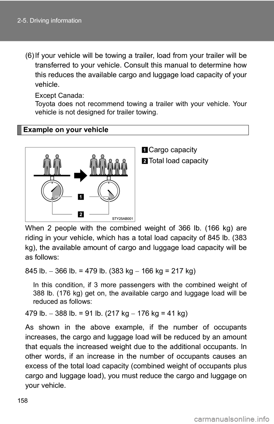 TOYOTA YARIS 2009 2.G Owners Manual 158 2-5. Driving information
(6) If your vehicle will be towing a trailer, load from your trailer will be
transferred to your vehicle. Consult this manual to determine how
this reduces the available c