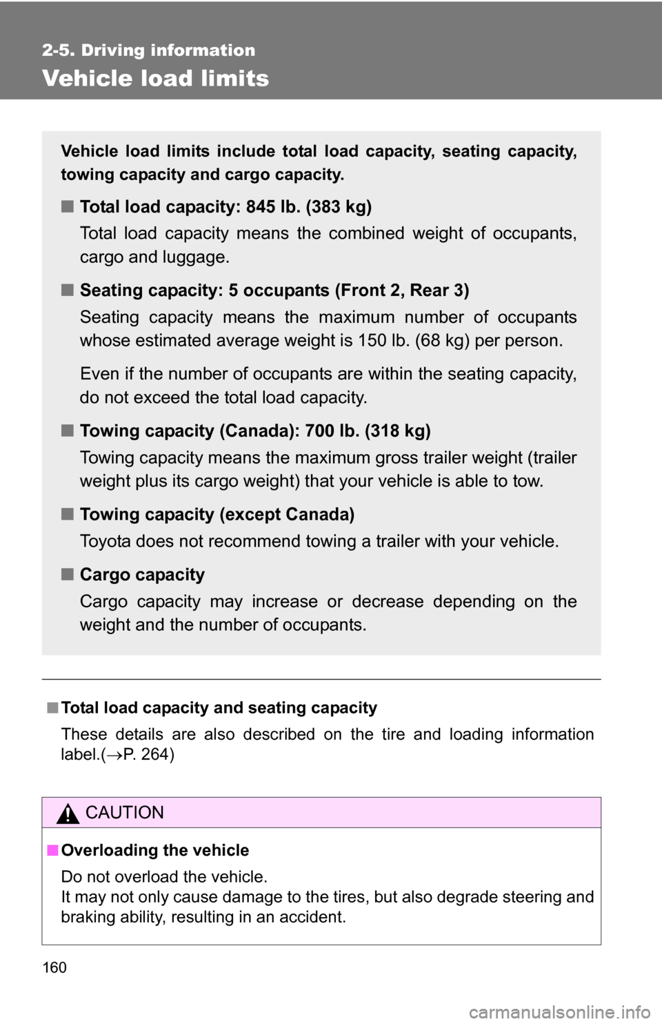 TOYOTA YARIS 2009 2.G Owners Manual 160
2-5. Driving information
Vehicle load limits
■Total load capacity and seating capacity
These details are also described on the tire and loading information
label.(P. 264)
CAUTION
■Overloadi