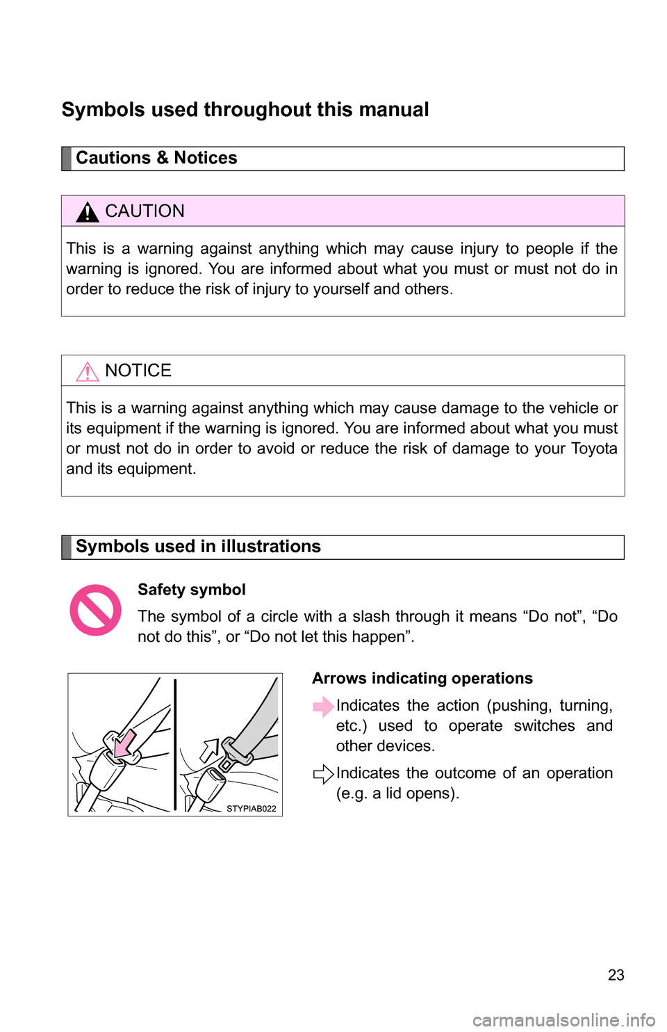 TOYOTA YARIS 2009 2.G Owners Manual 23
Symbols used throughout this manual
Cautions & Notices
Symbols used in illustrations
CAUTION
This is a warning against anything which may cause injury to people if the
warning is ignored. You are TOYOTA YARIS 2009 2.G Owners Manual 23
Symbols used throughout this manual
Cautions & Notices
Symbols used in illustrations
CAUTION
This is a warning against anything which may cause injury to people if the
warning is ignored. You are