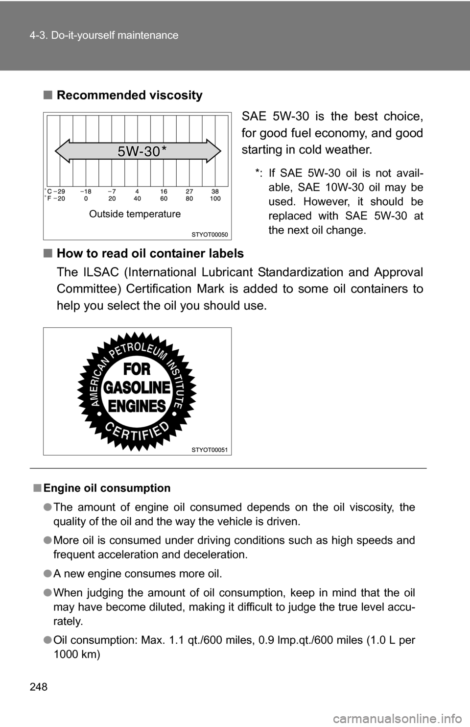 TOYOTA YARIS 2009 2.G Owners Manual 248 4-3. Do-it-yourself maintenance
■Recommended viscosity
SAE 5W-30 is the best choice,
for good fuel economy, and good
starting in cold weather.
*: If SAE 5W-30 oil is not avail-able, SAE 10W-30 o TOYOTA YARIS 2009 2.G Owners Manual 248 4-3. Do-it-yourself maintenance
■Recommended viscosity
SAE 5W-30 is the best choice,
for good fuel economy, and good
starting in cold weather.
*: If SAE 5W-30 oil is not avail-able, SAE 10W-30 o
