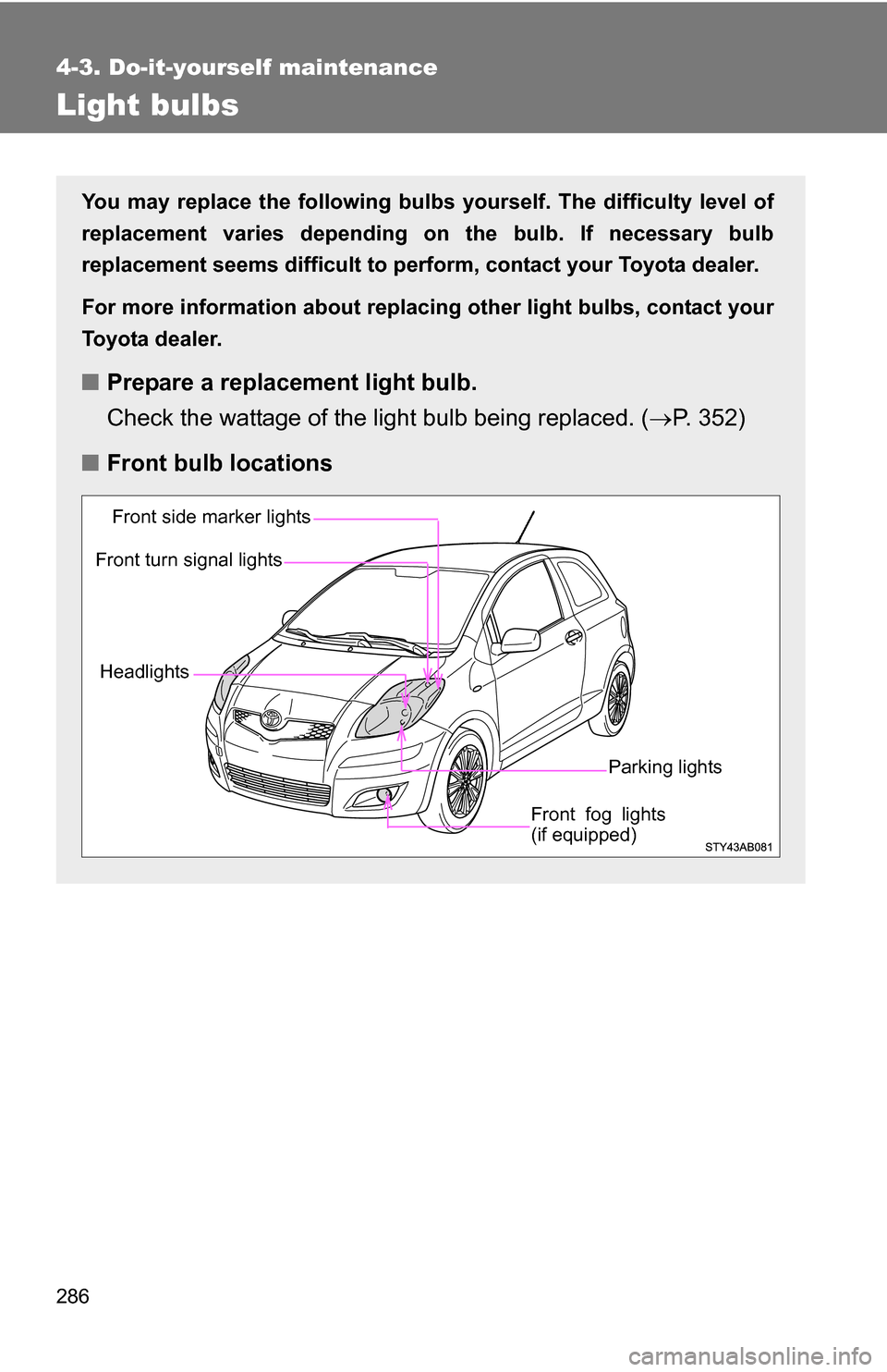 TOYOTA YARIS 2009 2.G Owners Manual 286
4-3. Do-it-yourself maintenance
Light bulbs
You may replace the following bulbs yourself. The difficulty level of
replacement varies depending on the bulb. If necessary bulb
replacement seems diff