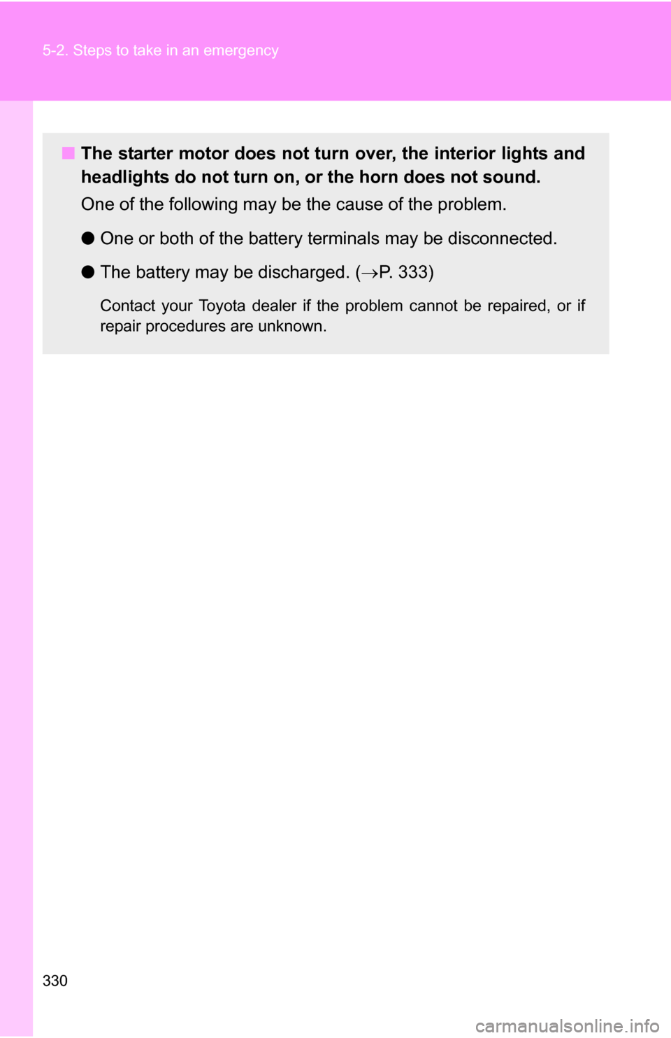 TOYOTA YARIS 2009 2.G Owners Manual 330 5-2. Steps to take in an emergency
■The starter motor does not turn  over, the interior lights and
headlights do not turn on, or the horn does not sound.
One of the following may be the cause of