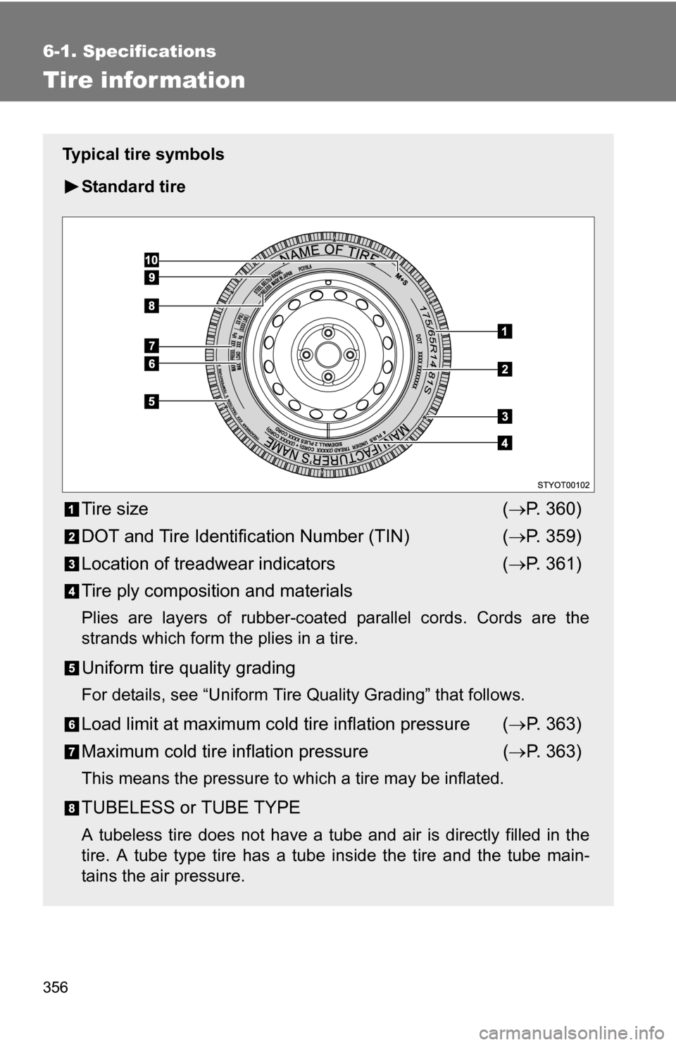 TOYOTA YARIS 2009 2.G Owners Manual 356
6-1. Specifications
Tire infor mation
Typical tire symbolsStandard tire
Tire size ( P. 360)
DOT and Tire Identification Number (TIN) ( P. 359)
Location of treadwear indicators ( P. 361)
T TOYOTA YARIS 2009 2.G Owners Manual 356
6-1. Specifications
Tire infor mation
Typical tire symbolsStandard tire
Tire size ( P. 360)
DOT and Tire Identification Number (TIN) ( P. 359)
Location of treadwear indicators ( P. 361)
T