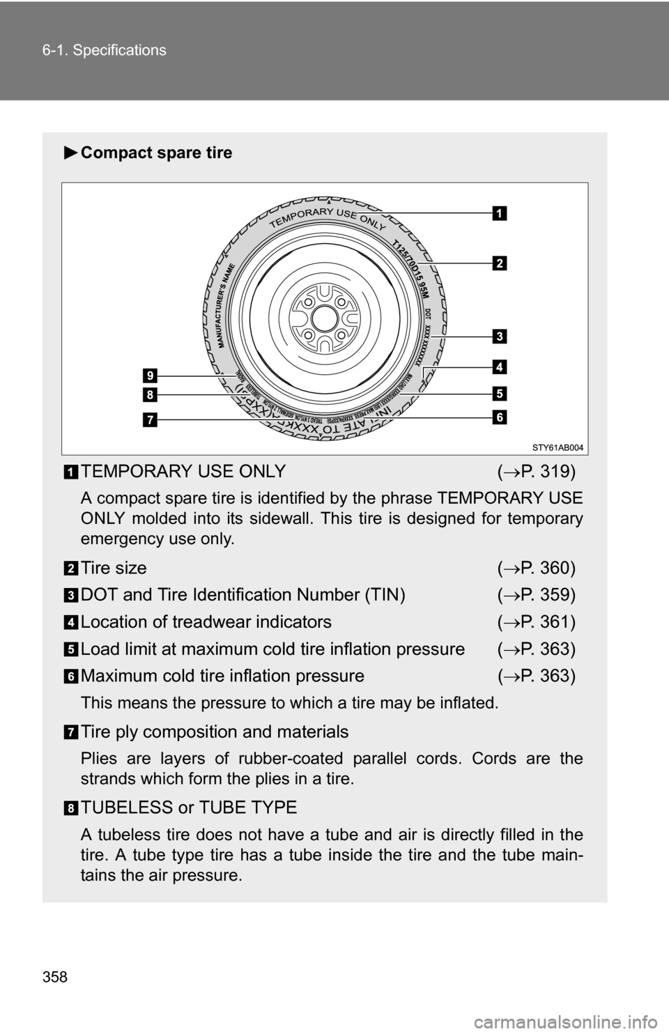 TOYOTA YARIS 2009 2.G Owners Manual 358 6-1. Specifications
Compact spare tire
TEMPORARY USE ONLY( P. 319)
A compact spare tire is identified by the phrase TEMPORARY USE
ONLY molded into its sidewall. Th is tire is designed for tempo TOYOTA YARIS 2009 2.G Owners Manual 358 6-1. Specifications
Compact spare tire
TEMPORARY USE ONLY( P. 319)
A compact spare tire is identified by the phrase TEMPORARY USE
ONLY molded into its sidewall. Th is tire is designed for tempo