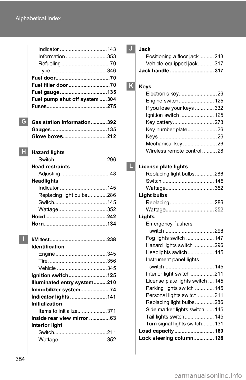 TOYOTA YARIS 2009 2.G Owners Manual 384 Alphabetical index
Indicator ................................ 143
Information ............................ 353
Refueling .................................70
Type .................................. TOYOTA YARIS 2009 2.G Owners Manual 384 Alphabetical index
Indicator ................................ 143
Information ............................ 353
Refueling .................................70
Type ..................................