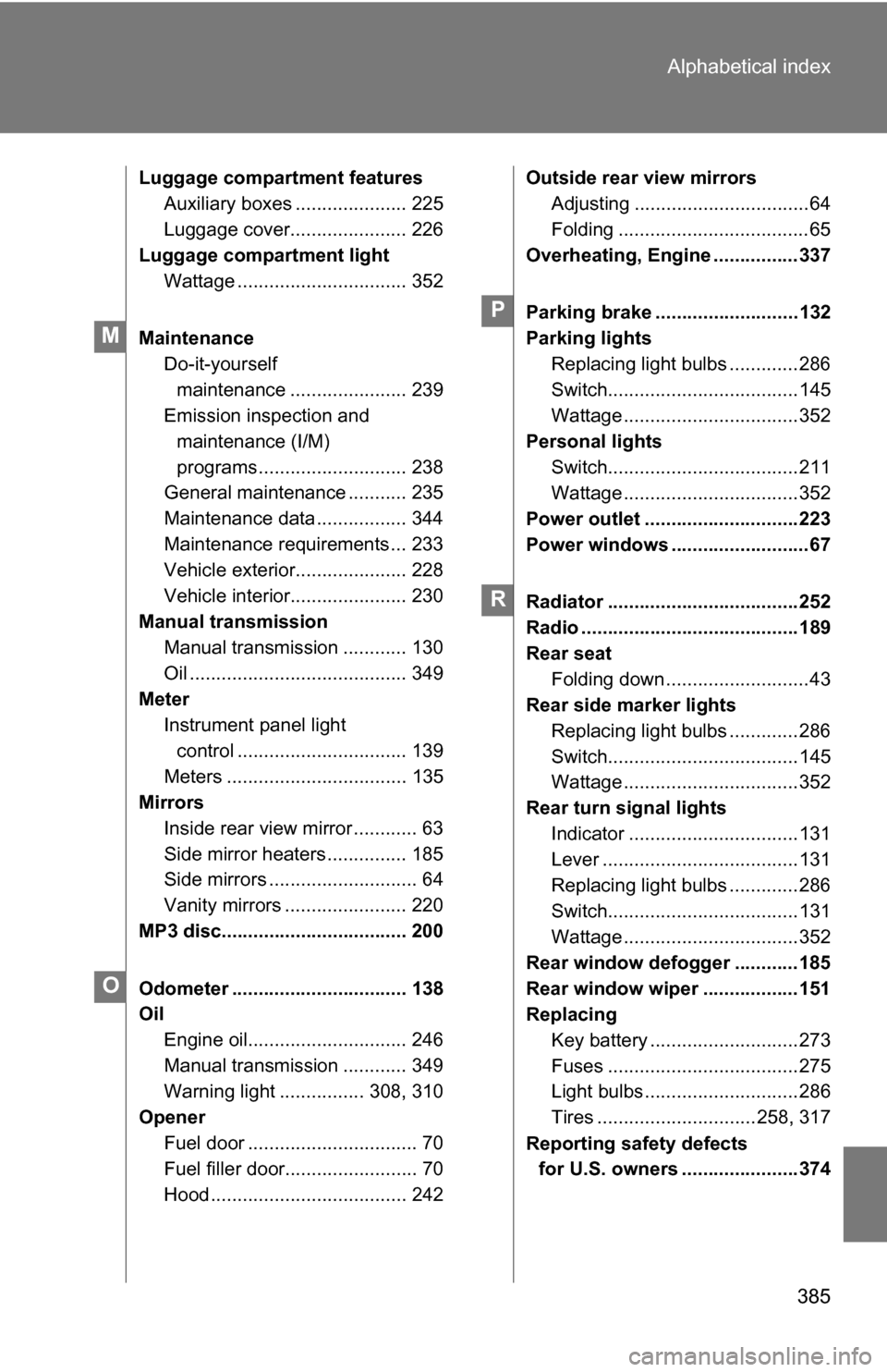 TOYOTA YARIS 2009 2.G Owners Manual 385
Alphabetical index
Luggage compartment features
Auxiliary boxes ..................... 225
Luggage cover...................... 226
Luggage compartment light Wattage ................................