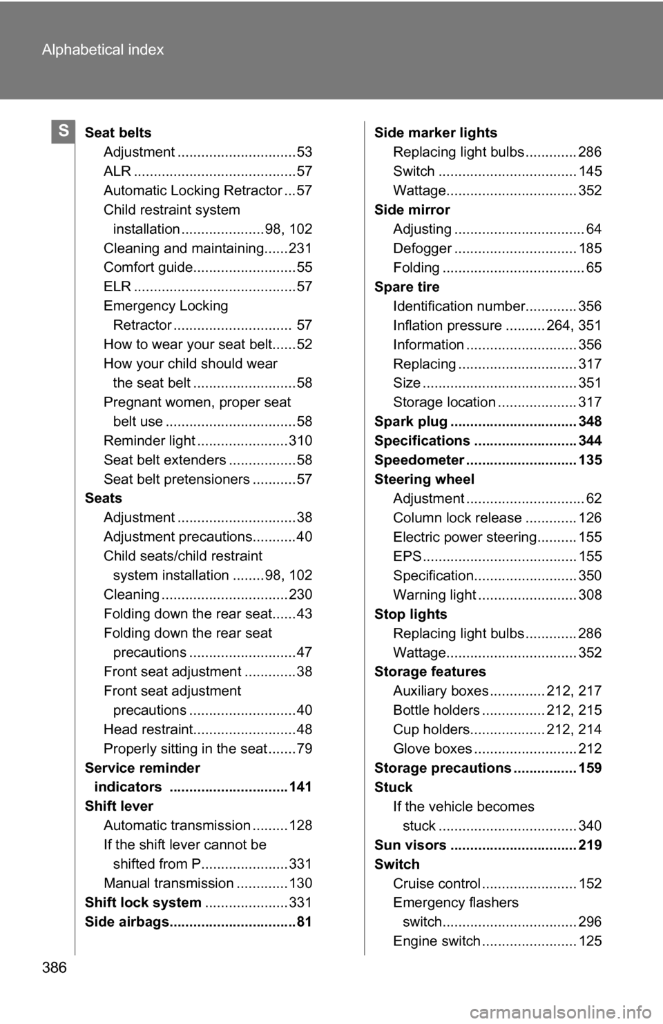 TOYOTA YARIS 2009 2.G Owners Manual 386 Alphabetical index
Seat beltsAdjustment ..............................53
ALR .........................................57
Automatic Locking Retractor ...57
Child restraint system
installation .... TOYOTA YARIS 2009 2.G Owners Manual 386 Alphabetical index
Seat beltsAdjustment ..............................53
ALR .........................................57
Automatic Locking Retractor ...57
Child restraint system
installation ....