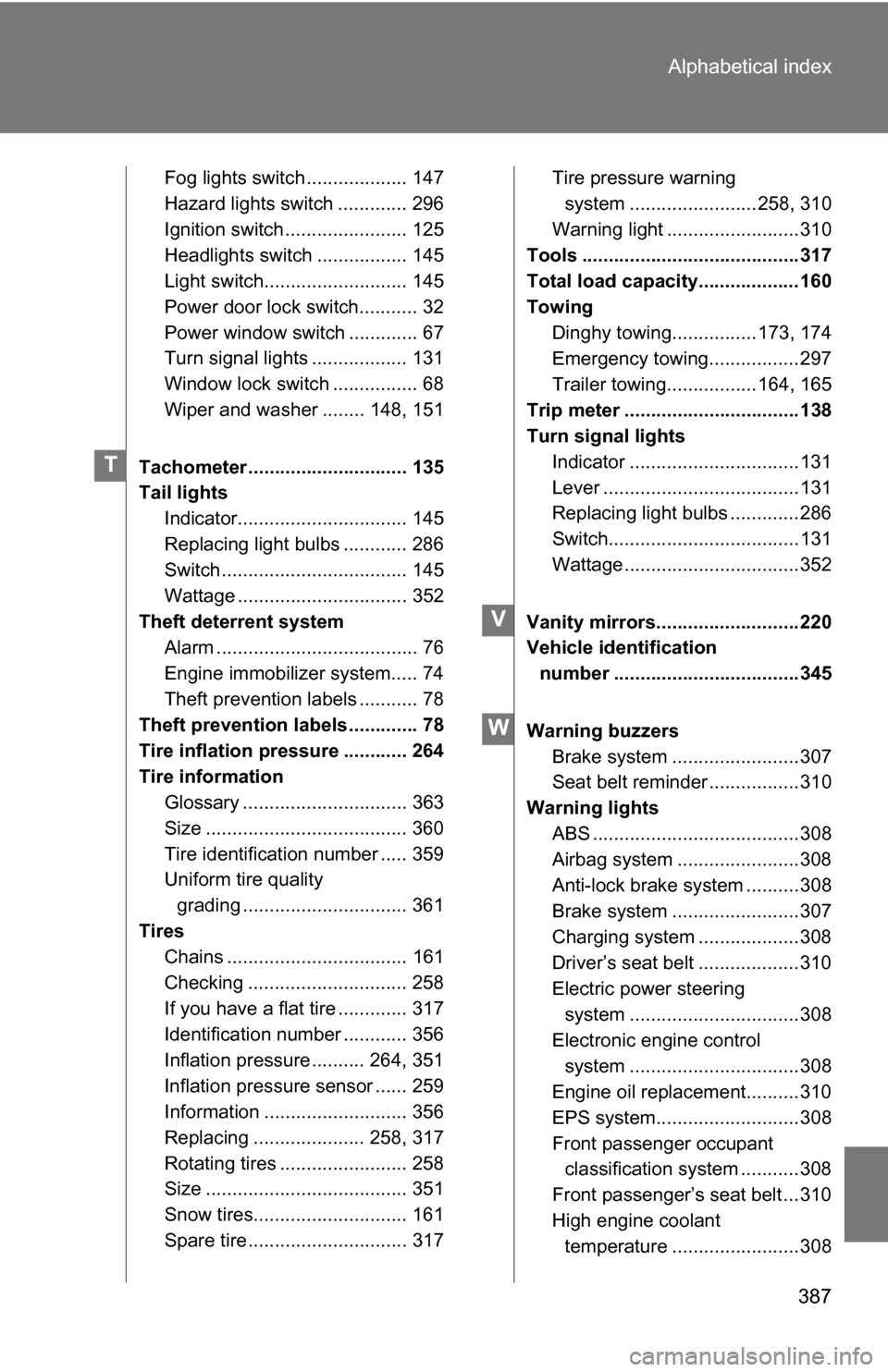 TOYOTA YARIS 2009 2.G Owners Manual 387
Alphabetical index
Fog lights switch ................... 147
Hazard lights switch ............. 296
Ignition switch ....................... 125
Headlights switch ................. 145
Light switch TOYOTA YARIS 2009 2.G Owners Manual 387
Alphabetical index
Fog lights switch ................... 147
Hazard lights switch ............. 296
Ignition switch ....................... 125
Headlights switch ................. 145
Light switch