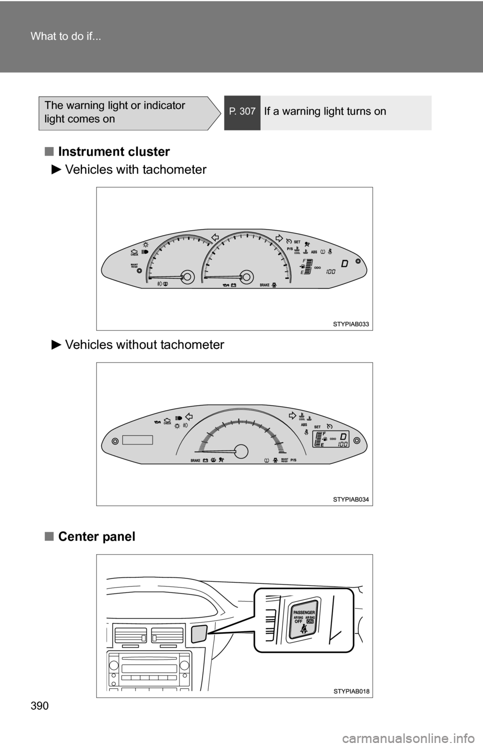 TOYOTA YARIS 2009 2.G Owners Manual 390 What to do if...
■Instrument cluster
■ Center panel
The warning light or indicator
light comes onP. 307If a warning light turns on
Vehicles with tachometer
Vehicles without tachometer TOYOTA YARIS 2009 2.G Owners Manual 390 What to do if...
■Instrument cluster
■ Center panel
The warning light or indicator
light comes onP. 307If a warning light turns on
Vehicles with tachometer
Vehicles without tachometer