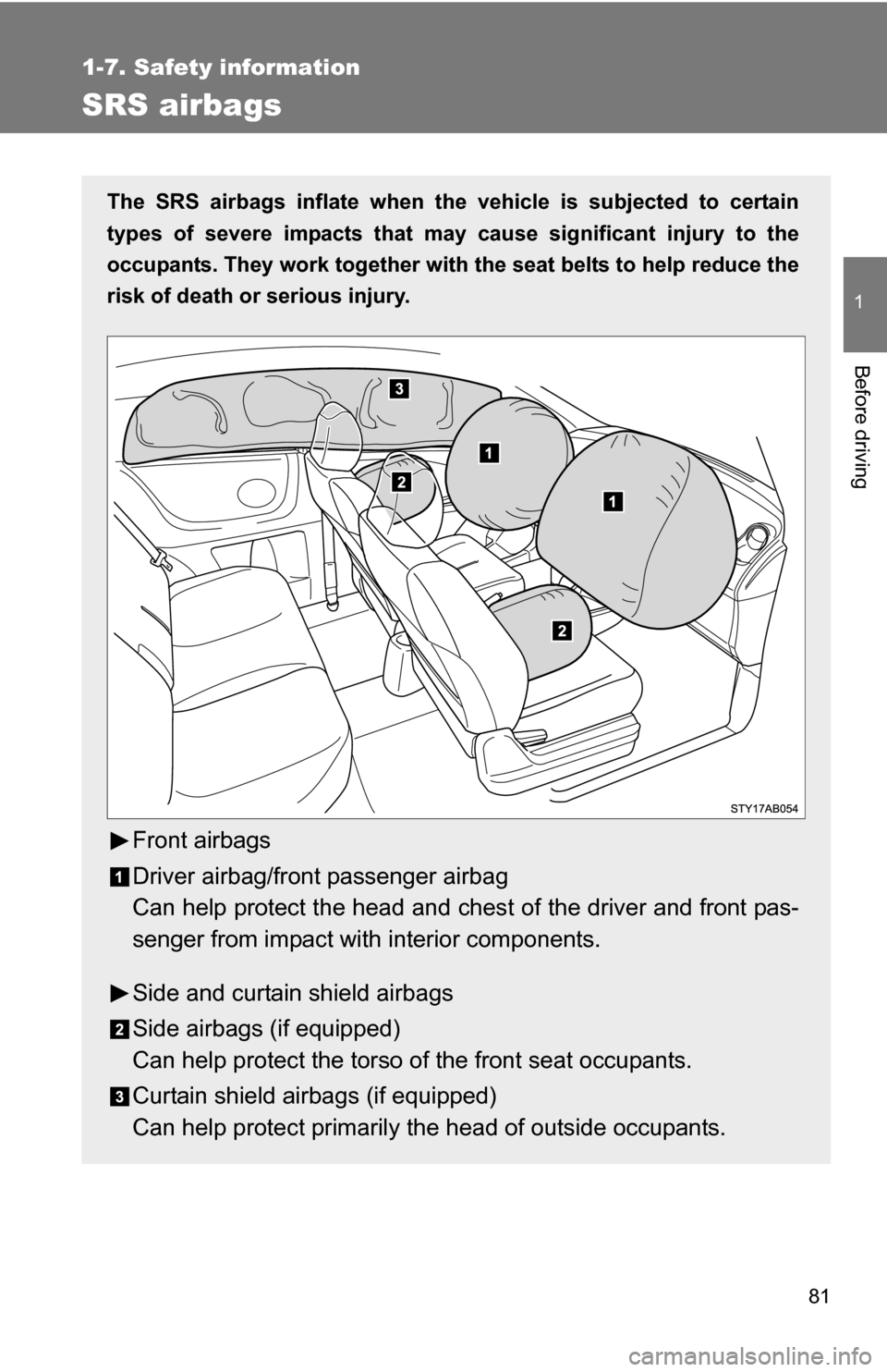 TOYOTA YARIS 2009 2.G Manual Online 81
1
1-7. Safety information
Before driving
SRS airbags
The SRS airbags inflate when the vehicle is subjected to certain
types of severe impacts that may cause significant injury to the
occupants. Th TOYOTA YARIS 2009 2.G Manual Online 81
1
1-7. Safety information
Before driving
SRS airbags
The SRS airbags inflate when the vehicle is subjected to certain
types of severe impacts that may cause significant injury to the
occupants. Th