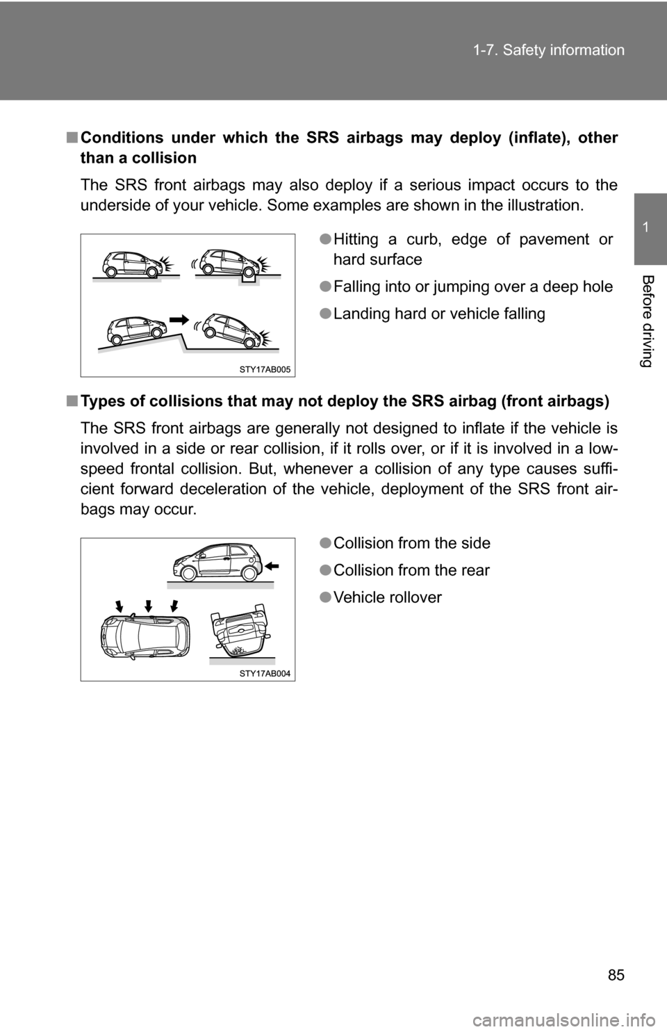 TOYOTA YARIS 2009 2.G Manual Online 85
1-7. Safety information
1
Before driving
■
Conditions under which the SRS airbags may deploy (inflate), other
than a collision
The SRS front airbags may also deploy if a serious impact occurs to TOYOTA YARIS 2009 2.G Manual Online 85
1-7. Safety information
1
Before driving
■
Conditions under which the SRS airbags may deploy (inflate), other
than a collision
The SRS front airbags may also deploy if a serious impact occurs to