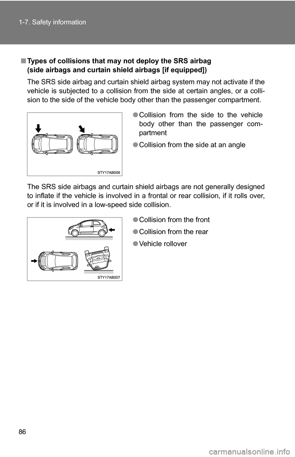 TOYOTA YARIS 2009 2.G Manual Online 86 1-7. Safety information
■Types of collisions that may not deploy the SRS airbag 
(side airbags and curtain shield airbags [if equipped])
The SRS side airbag and curtain shield airbag system may n