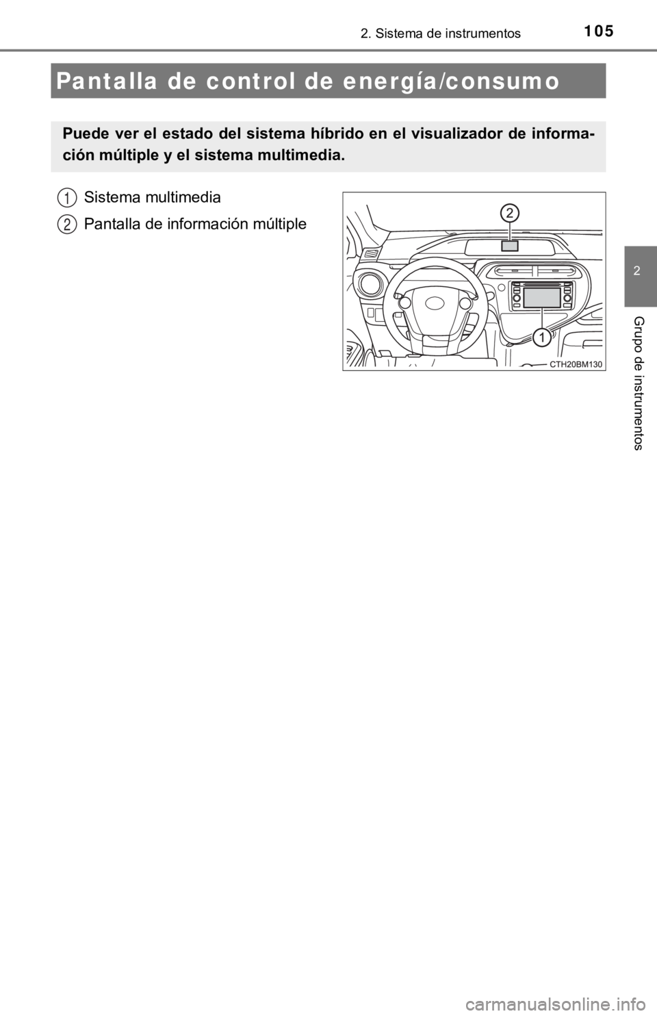 TOYOTA PRIUS C 2019 Manual del propietario (in Spanish) 1052. Sistema de instrumentos
2
Grupo de instrumentos
Sistema multimedia
Pantalla de información múltiple
Pantalla de control de energía/consumo
Puede ver el estado del sistema híbrido en TOYOTA PRIUS C 2019 Manual del propietario (in Spanish) 1052. Sistema de instrumentos
2
Grupo de instrumentos
Sistema multimedia
Pantalla de información múltiple
Pantalla de control de energía/consumo
Puede ver el estado del sistema híbrido en