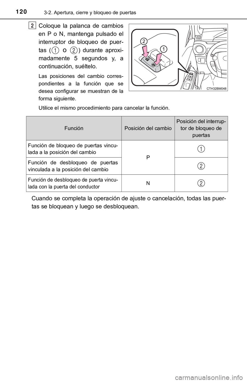 TOYOTA PRIUS C 2019 Manual del propietario (in Spanish) 1203-2. Apertura, cierre y bloqueo de puertas
Coloque la palanca de cambios
en P o N, mantenga pulsado el
interruptor de bloqueo de puer-
tas (
o ) durante aproxi-
madamente 5 segu TOYOTA PRIUS C 2019 Manual del propietario (in Spanish) 1203-2. Apertura, cierre y bloqueo de puertas
Coloque la palanca de cambios
en P o N, mantenga pulsado el
interruptor de bloqueo de puer-
tas (
o ) durante aproxi-
madamente 5 segu