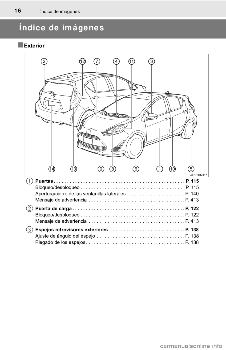 TOYOTA PRIUS C 2019 Manual del propietario (in Spanish) 16Índice de imágenes
Índice de imágenes
■Exterior
Puertas . . . . . . . . . . . . . . . . . . . . . . . . . . . . . . . . . . . . . . . . . . . . . . . . . P. 115
Bloqueo/desbloqueo . . . . . . TOYOTA PRIUS C 2019 Manual del propietario (in Spanish) 16Índice de imágenes
Índice de imágenes
■Exterior
Puertas . . . . . . . . . . . . . . . . . . . . . . . . . . . . . . . . . . . . . . . . . . . . . . . . . P. 115
Bloqueo/desbloqueo . . . . . .