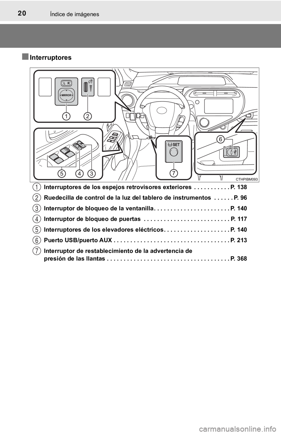 TOYOTA PRIUS C 2019 Manual del propietario (in Spanish) 20Índice de imágenes
■Interruptores
Interruptores de los espejos retrovisores exteriores . . . . . . . . . . . P. 138
Ruedecilla de control de la luz del tablero de instrumentos . . . . . . P. TOYOTA PRIUS C 2019 Manual del propietario (in Spanish) 20Índice de imágenes
■Interruptores
Interruptores de los espejos retrovisores exteriores . . . . . . . . . . . P. 138
Ruedecilla de control de la luz del tablero de instrumentos . . . . . . P.