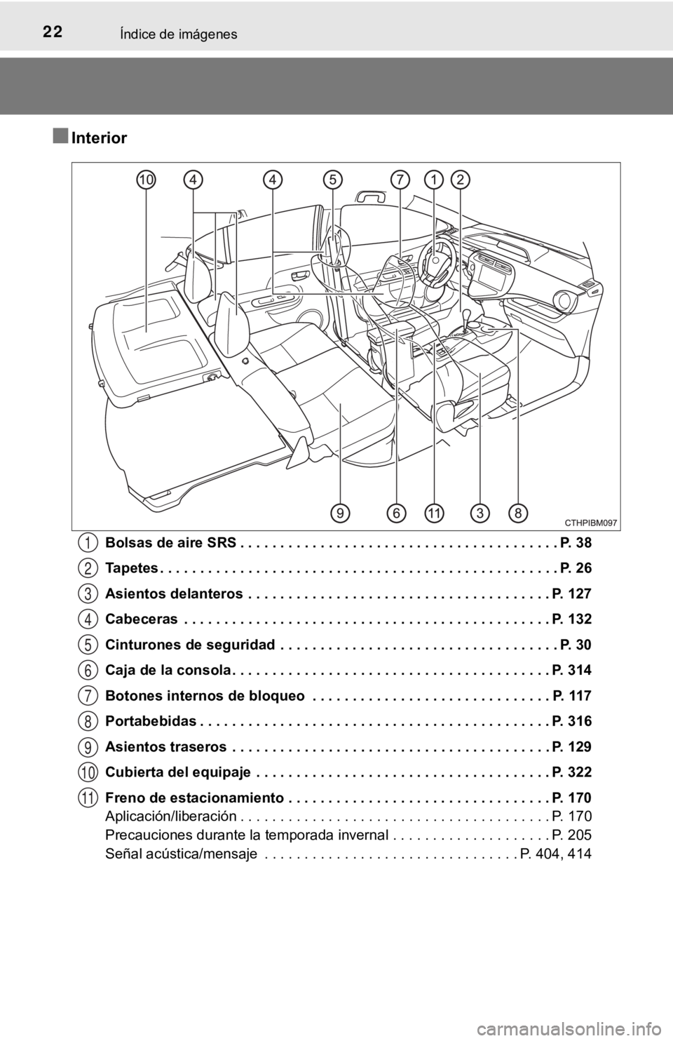 TOYOTA PRIUS C 2019 Manual del propietario (in Spanish) 22Índice de imágenes
■Interior
Bolsas de aire SRS . . . . . . . . . . . . . . . . . . . . . . . . . . . . . . . . . . . . . . . . P. 38
Tapetes . . . . . . . . . . . . . . . . . . . . . . . . . . TOYOTA PRIUS C 2019 Manual del propietario (in Spanish) 22Índice de imágenes
■Interior
Bolsas de aire SRS . . . . . . . . . . . . . . . . . . . . . . . . . . . . . . . . . . . . . . . . P. 38
Tapetes . . . . . . . . . . . . . . . . . . . . . . . . . .