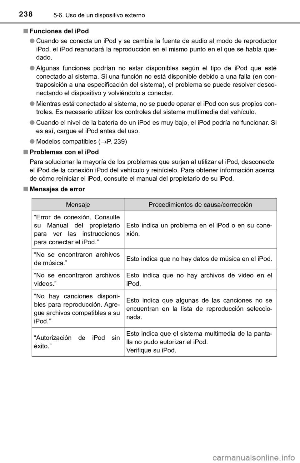 TOYOTA PRIUS C 2019  Manual del propietario (in Spanish) 2385-6. Uso de un dispositivo externo
■Funciones del iPod
●Cuando se conecta un iPod y se cambia la fuente de audio al mod o de reproductor
iPod, el iPod reanudará la reproducción en el mismo pu