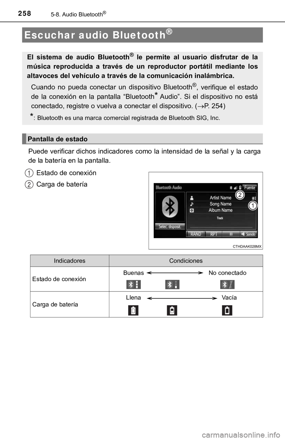 TOYOTA PRIUS C 2019 Manual del propietario (in Spanish) 2585-8. Audio Bluetooth®
Puede verificar dichos indicadores como la intensidad de la señal y la carga
de la batería en la pantalla.
Estado de conexión
Carga de batería
Escuchar audio Bluetooth®
TOYOTA PRIUS C 2019 Manual del propietario (in Spanish) 2585-8. Audio Bluetooth®
Puede verificar dichos indicadores como la intensidad de la señal y la carga
de la batería en la pantalla.
Estado de conexión
Carga de batería
Escuchar audio Bluetooth®