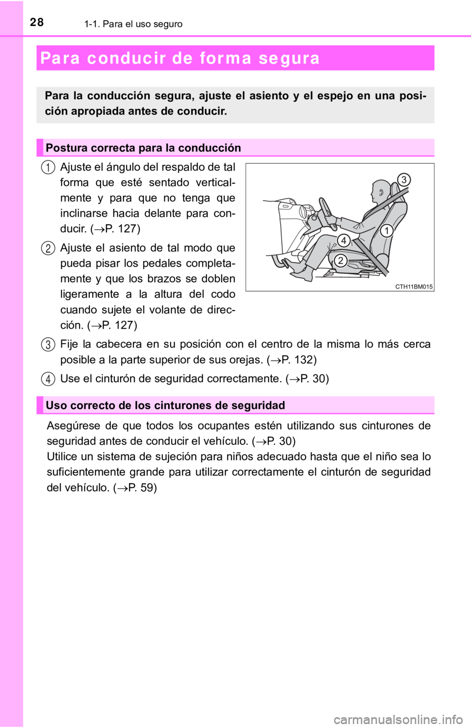TOYOTA PRIUS C 2019 Manual del propietario (in Spanish) 281-1. Para el uso seguro
Ajuste el ángulo del respaldo de tal
forma que esté sentado vertical-
mente y para que no tenga que
inclinarse hacia delante para con-
ducir. (P. 127)
Ajus TOYOTA PRIUS C 2019 Manual del propietario (in Spanish) 281-1. Para el uso seguro
Ajuste el ángulo del respaldo de tal
forma que esté sentado vertical-
mente y para que no tenga que
inclinarse hacia delante para con-
ducir. (P. 127)
Ajus