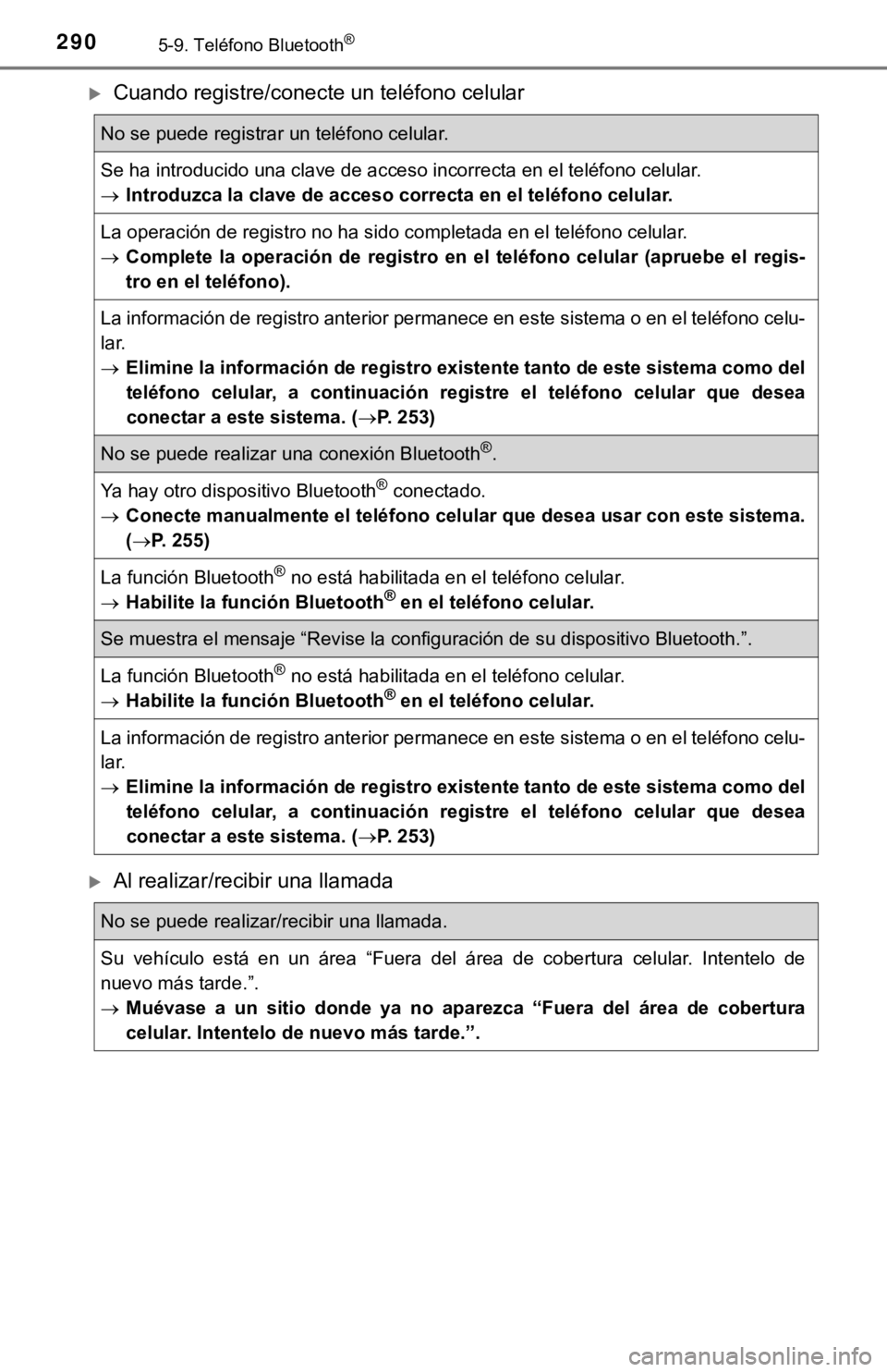 TOYOTA PRIUS C 2019 Manual del propietario (in Spanish) 2905-9. Teléfono Bluetooth®
Cuando registre/conecte un teléfono celular
Al realizar/recibir una llamada
No se puede registrar un teléfono celular.
Se ha introducido una clave de acceso incor TOYOTA PRIUS C 2019 Manual del propietario (in Spanish) 2905-9. Teléfono Bluetooth®
Cuando registre/conecte un teléfono celular
Al realizar/recibir una llamada
No se puede registrar un teléfono celular.
Se ha introducido una clave de acceso incor