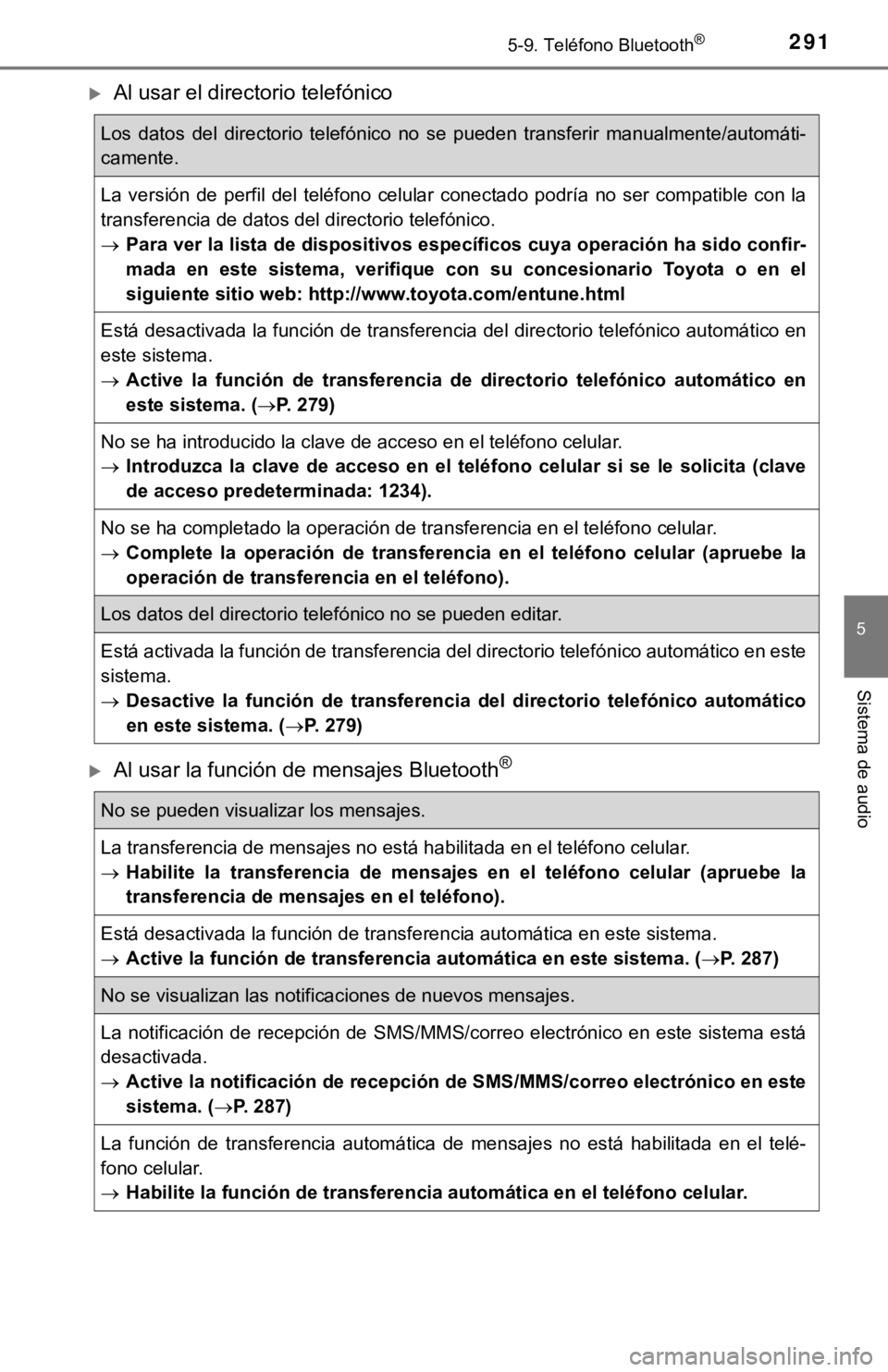 TOYOTA PRIUS C 2019 Manual del propietario (in Spanish) 2915-9. Teléfono Bluetooth®
5
Sistema de audio
Al usar el directorio telefónico
Al usar la función de mensajes Bluetooth®
Los datos del directorio telefónico no se pueden transferi TOYOTA PRIUS C 2019 Manual del propietario (in Spanish) 2915-9. Teléfono Bluetooth®
5
Sistema de audio
Al usar el directorio telefónico
Al usar la función de mensajes Bluetooth®
Los datos del directorio telefónico no se pueden transferi