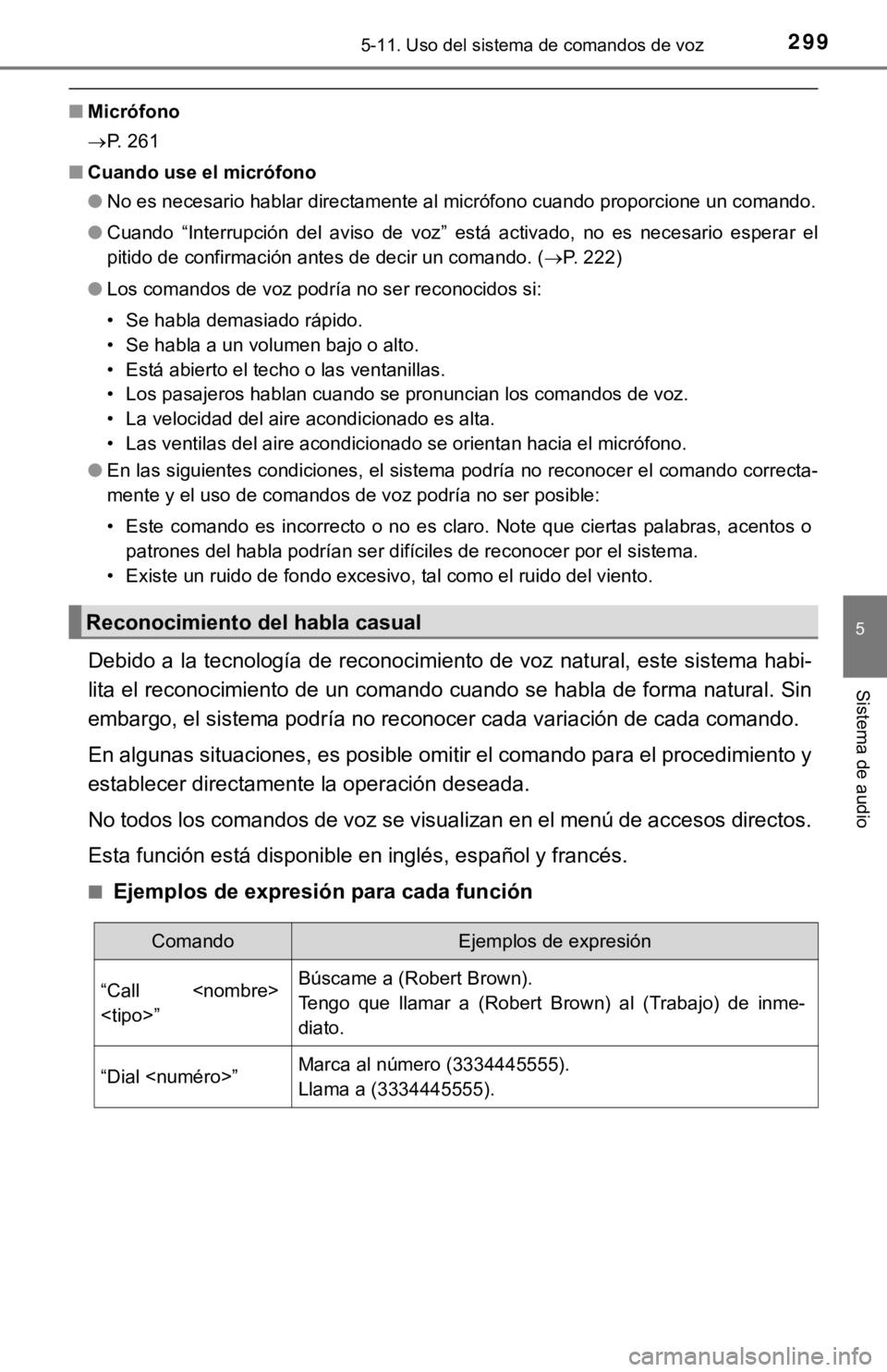 TOYOTA PRIUS C 2019 Manual del propietario (in Spanish) 2995-11. Uso del sistema de comandos de voz
5
Sistema de audio
■Micrófono
P. 261
■ Cuando use el micrófono
●No es necesario hablar directamente al micrófono cuando proporc ione un comando. TOYOTA PRIUS C 2019 Manual del propietario (in Spanish) 2995-11. Uso del sistema de comandos de voz
5
Sistema de audio
■Micrófono
P. 261
■ Cuando use el micrófono
●No es necesario hablar directamente al micrófono cuando proporc ione un comando.