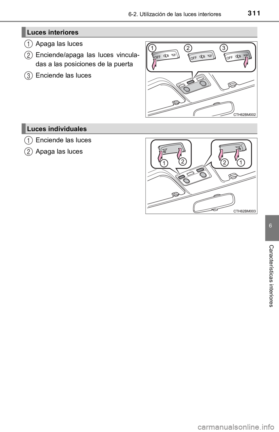 TOYOTA PRIUS C 2019  Manual del propietario (in Spanish) 3116-2. Utilización de las luces interiores
6
Características interiores
Apaga las luces
Enciende/apaga  las  luces  vincula-
das a las posiciones de la puerta
Enciende las luces
Enciende las luces
