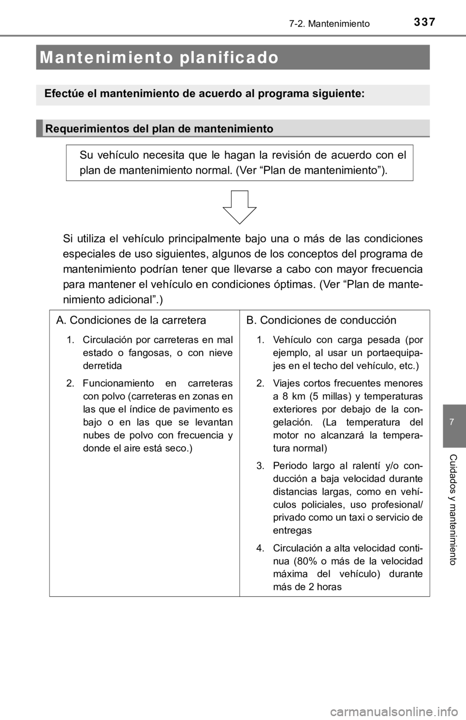 TOYOTA PRIUS C 2019 Manual del propietario (in Spanish) 3377-2. Mantenimiento
7
Cuidados y mantenimiento
Mantenimiento planificado
Efectúe el mantenimiento de acuerdo al programa siguiente:
Requerimientos del plan de mantenimiento
Su vehículo necesita TOYOTA PRIUS C 2019 Manual del propietario (in Spanish) 3377-2. Mantenimiento
7
Cuidados y mantenimiento
Mantenimiento planificado
Efectúe el mantenimiento de acuerdo al programa siguiente:
Requerimientos del plan de mantenimiento
Su vehículo necesita