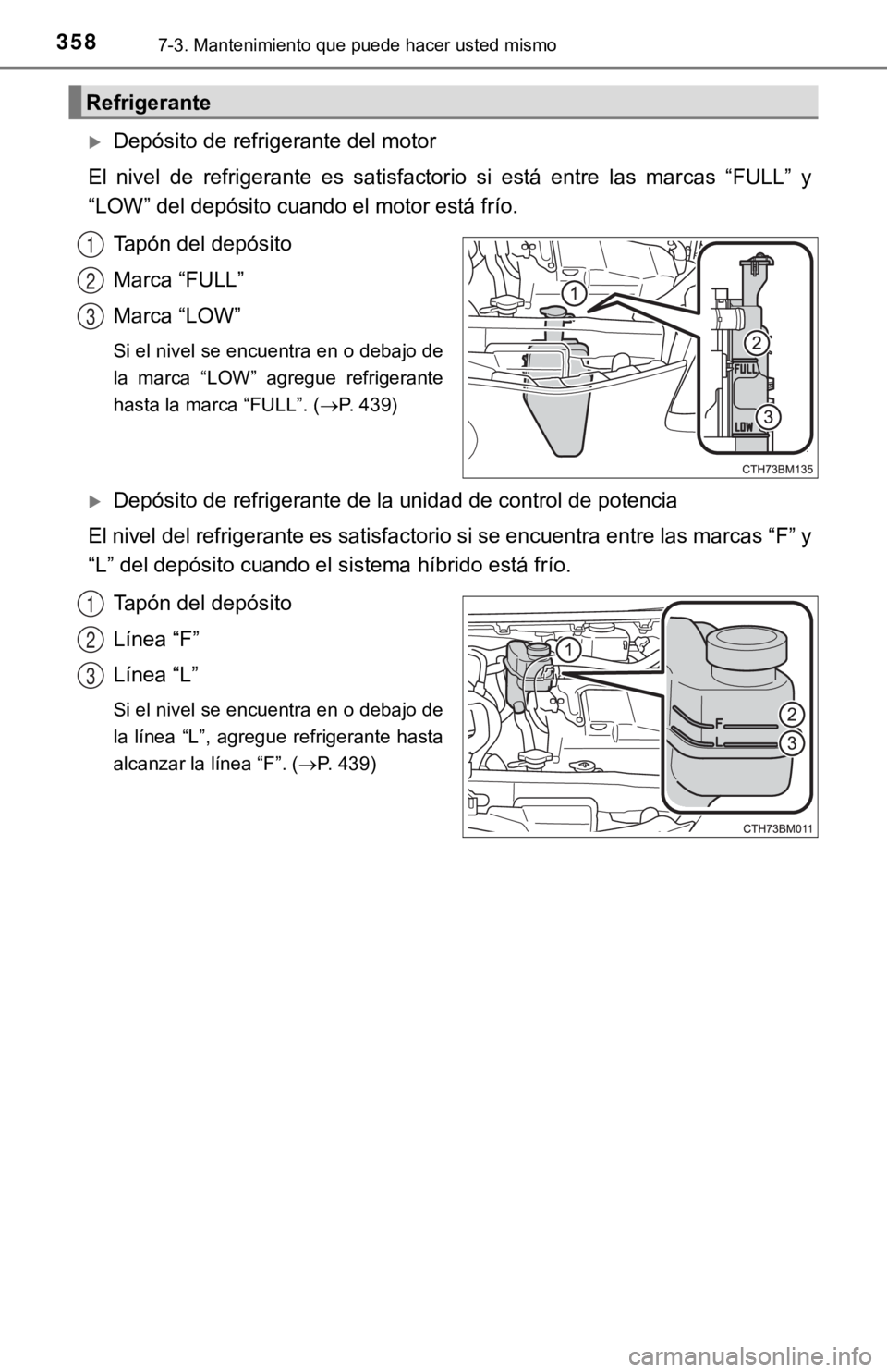 TOYOTA PRIUS C 2019  Manual del propietario (in Spanish) 3587-3. Mantenimiento que puede hacer usted mismo
Depósito de refrigerante del motor
El  nivel  de  refrigerante  es  satisfactorio  si  está  entre  las  mar cas  “FULL”  y
“LOW” del dep