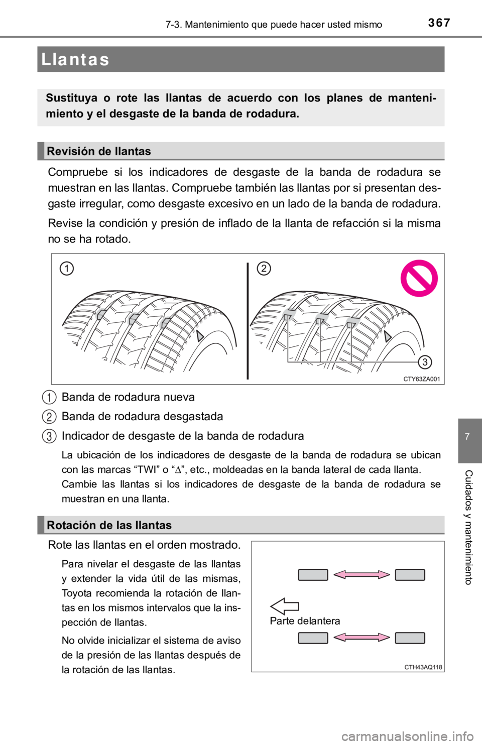 TOYOTA PRIUS C 2019  Manual del propietario (in Spanish) 3677-3. Mantenimiento que puede hacer usted mismo
7
Cuidados y mantenimiento
Compruebe  si  los  indicadores  de  desgaste  de  la  banda  de  rodadura  se
muestran en las llantas. Compruebe también 