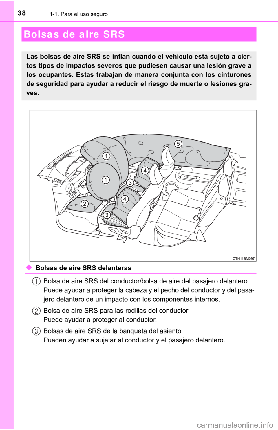 TOYOTA PRIUS C 2019 Manual del propietario (in Spanish) 381-1. Para el uso seguro
◆Bolsas de aire SRS delanterasBolsa de aire SRS del conductor/bolsa de aire del pasajero dela ntero
Puede ayudar a proteger la cabeza y el pecho del conductor y de l pasa- TOYOTA PRIUS C 2019 Manual del propietario (in Spanish) 381-1. Para el uso seguro
◆Bolsas de aire SRS delanterasBolsa de aire SRS del conductor/bolsa de aire del pasajero dela ntero
Puede ayudar a proteger la cabeza y el pecho del conductor y de l pasa-