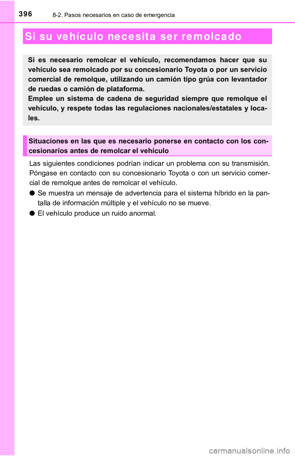 TOYOTA PRIUS C 2019 Manual del propietario (in Spanish) 3968-2. Pasos necesarios en caso de emergencia
Las siguientes condiciones podrían indicar un problema con su transmisión.
Póngase en contacto con su concesionario Toyota o con un TOYOTA PRIUS C 2019 Manual del propietario (in Spanish) 3968-2. Pasos necesarios en caso de emergencia
Las siguientes condiciones podrían indicar un problema con su transmisión.
Póngase en contacto con su concesionario Toyota o con un