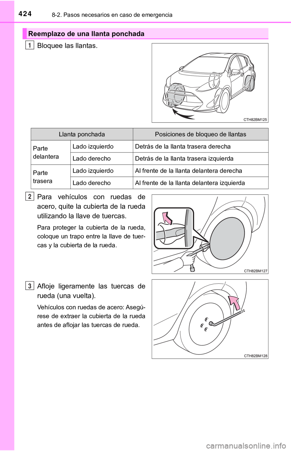 TOYOTA PRIUS C 2019 Manual del propietario (in Spanish) 4248-2. Pasos necesarios en caso de emergencia
Bloquee las llantas.
Para vehículos con ruedas de
acero, quite la cubierta de la rueda
utilizando la llave de tuercas.
Para proteger la cubierta TOYOTA PRIUS C 2019 Manual del propietario (in Spanish) 4248-2. Pasos necesarios en caso de emergencia
Bloquee las llantas.
Para vehículos con ruedas de
acero, quite la cubierta de la rueda
utilizando la llave de tuercas.
Para proteger la cubierta