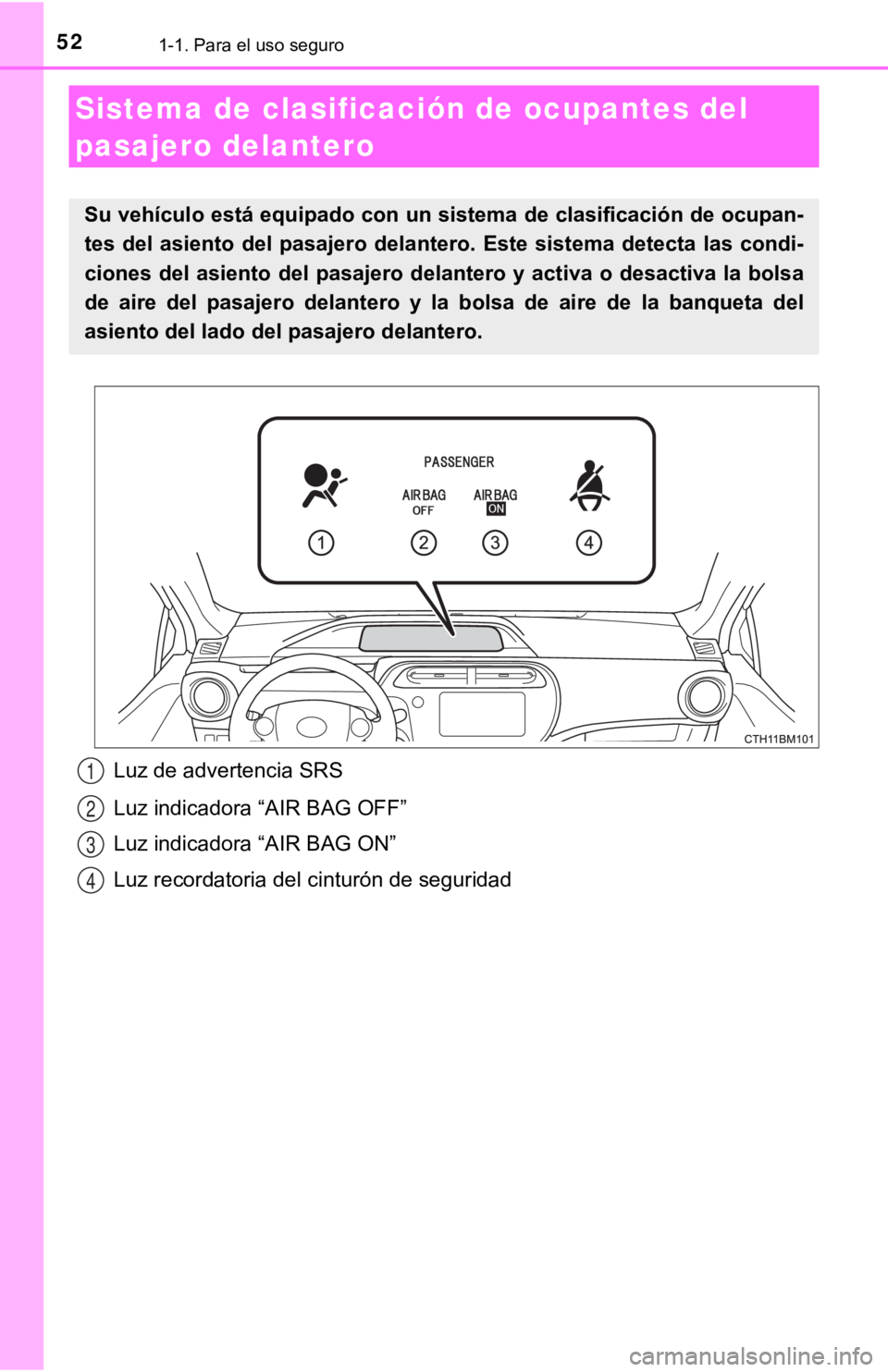 TOYOTA PRIUS C 2019 Manual del propietario (in Spanish) 521-1. Para el uso seguro
Luz de advertencia SRS
Luz indicadora “AIR BAG OFF”
Luz indicadora “AIR BAG ON”
Luz recordatoria del cinturón de seguridad
Sistema de clasificación de ocupantes del TOYOTA PRIUS C 2019 Manual del propietario (in Spanish) 521-1. Para el uso seguro
Luz de advertencia SRS
Luz indicadora “AIR BAG OFF”
Luz indicadora “AIR BAG ON”
Luz recordatoria del cinturón de seguridad
Sistema de clasificación de ocupantes del
