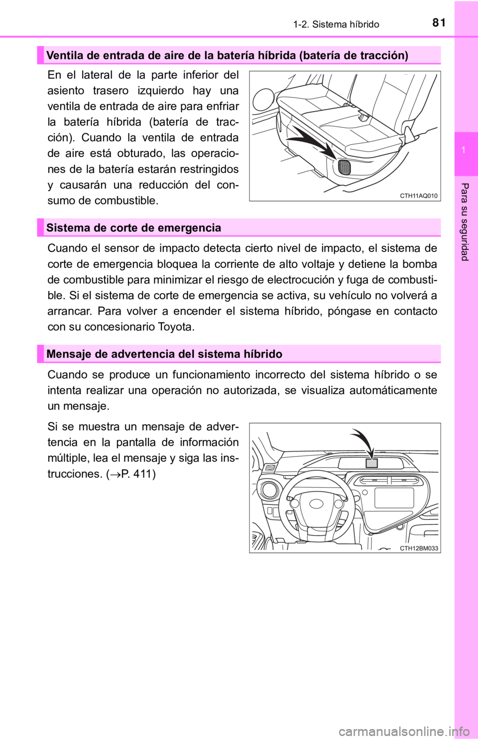 TOYOTA PRIUS C 2019  Manual del propietario (in Spanish) 811-2. Sistema híbrido
1
Para su seguridad
En  el  lateral  de  la  parte  inferior  del
asiento  trasero  izquierdo  hay  una
ventila de entrada de aire para enfriar
la  batería  híbrida  (baterí