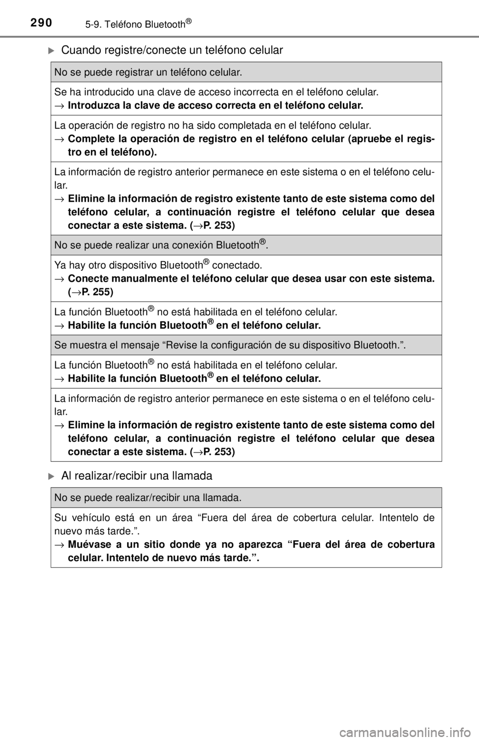 TOYOTA PRIUS C 2018 Manual del propietario (in Spanish) 2905-9. Teléfono Bluetooth®
Cuando registre/conecte un teléfono celular
Al realizar/recibir una llamada
No se puede registrar un teléfono celular.
Se ha introducido una clave de acceso incor TOYOTA PRIUS C 2018 Manual del propietario (in Spanish) 2905-9. Teléfono Bluetooth®
Cuando registre/conecte un teléfono celular
Al realizar/recibir una llamada
No se puede registrar un teléfono celular.
Se ha introducido una clave de acceso incor