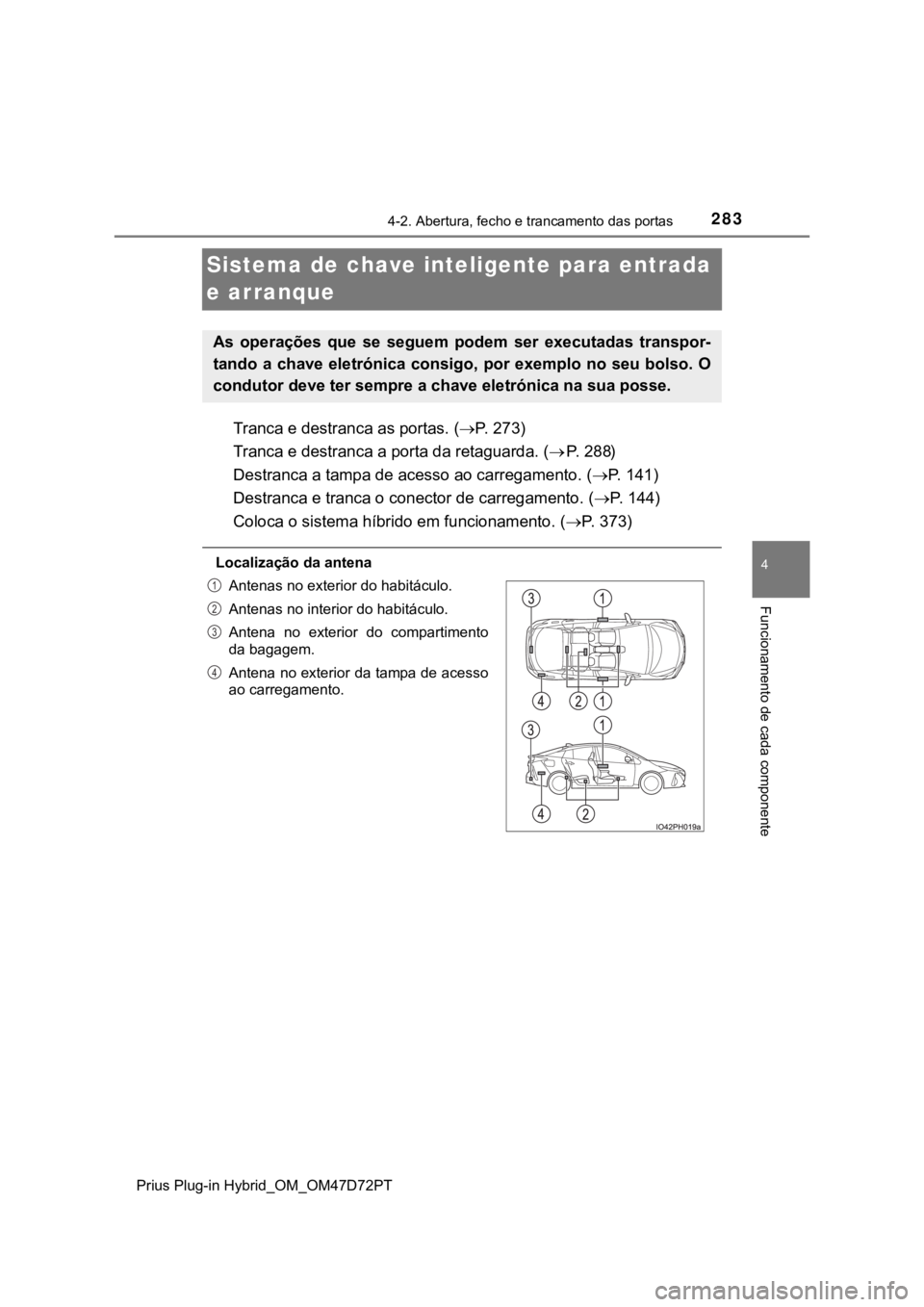 TOYOTA PRIUS PLUG-IN HYBRID 2023 Manual de utilização (in Portuguese) 2834-2. Abertura, fecho e trancamento das portas
Prius Plug-in Hybrid_OM_OM47D72PT
4
Funcionamento de cada componente
Sistema de chave inteligente para entrada
e arranque
Tranca e destranca as portas TOYOTA PRIUS PLUG-IN HYBRID 2023 Manual de utilização (in Portuguese) 2834-2. Abertura, fecho e trancamento das portas
Prius Plug-in Hybrid_OM_OM47D72PT
4
Funcionamento de cada componente
Sistema de chave inteligente para entrada
e arranque
Tranca e destranca as portas