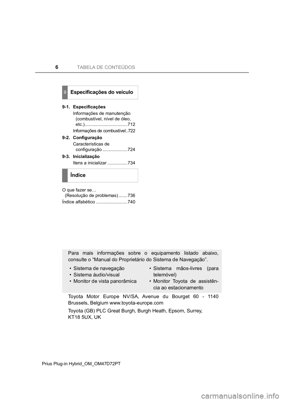 TOYOTA PRIUS PLUG-IN HYBRID 2023  Manual de utilização (in Portuguese) TABELA DE CONTEÚDOS6
Prius Plug-in Hybrid_OM_OM47D72PT9-1. Especificações
Informações de manutenção 
(combustível, nível de óleo, 
etc.)..................................712
Informações de